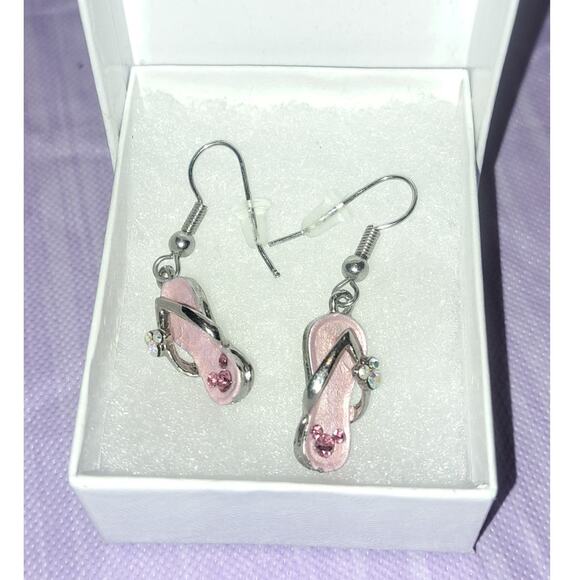 Disney Flip Flop Pink Crystal Enamel Dangle Pierced Earrings - Picture 7 of 7